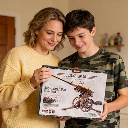 ROKR Anti-Aircraft Gun 3D Wood Puzzle for Adults - Mechanical Rubber Band Shooting Model Kit, DIY Building Set for Teens and Hobbyists, Desktop Decor