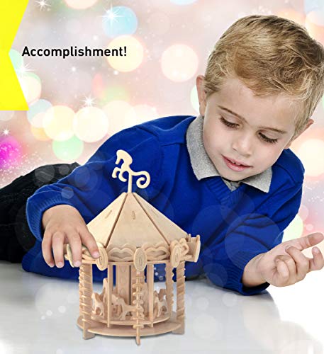 Puzzled 3D Puzzle Carousel Set Wood Craft Construction Model Kit, Fun & Educational DIY Wooden Toy Assemble Model Unfinished Crafting Hobby Puzzle to Build and Paint for Decoration 148 Pieces Pack
