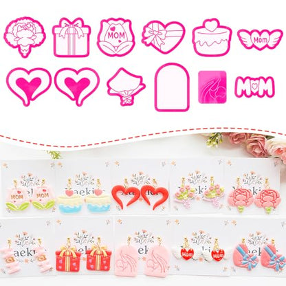 Mother’s Day Polymer Clay Cutters & Stamp Set - 12pcs Sharp & Durable Mom, Heart, Cake, Carnation & Gift Shapes for DIY Earring Jewelry Making, Soft Clay Crafts & Holiday Supplies - color: 2T color