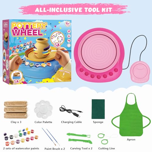 Pottery Wheel for Kids with Air Dry Clay Kit, 12 Paints & Tools, Ages 6-12 - color: rose