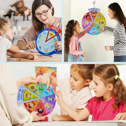 2-in-1 Emotion Wheel & Weather Chart for Kids - Interactive Social Emotional Learning (SEL) & Weather Forecast Preschool Toy, Felt Spinner Set for Classroom & Home (2 Pack) - style: Feeling & Weathers