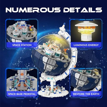 Collector's Edition Space Station Globe Set with LED Light, 2803 PCS Educational STEM Assembly Kit, 360° Rotation. Ideal Educational Gift for Kids Aged 8+, Teens, Adults, and Astronomy Enthusiasts - color: Blue
