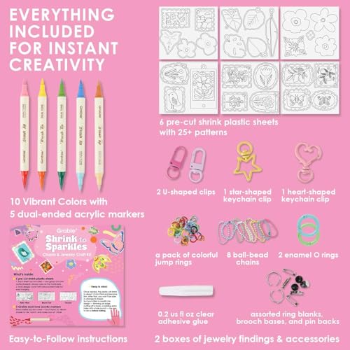 Grabie Shrink Art Craft Kit of 25+ Shapes, Markers & Charms, Bloom Post - color: Bloom Post - For Art Lovers