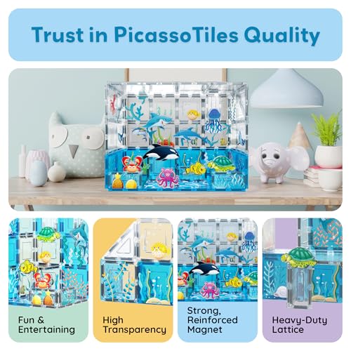 PicassoTiles 52 PCS Magnetic Tiles Ocean Animal STEM Set 8 Figures Ages 3+ - color: Marine Animal Set With 8 Action Figures