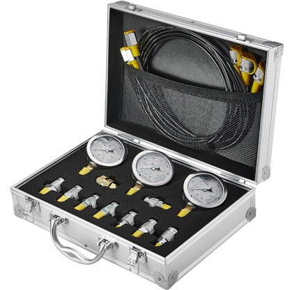 Hydraulic Pressure Test Kit, 250/400/600bar, 3 Gauges 9 Test Couplings 3 Test Hoses, Excavator Hydraulic Test Gauge Set with Portable Carrying Case for Excavator Tractors Construction Machinery - style: 3 Gauges 9 Test Couplings