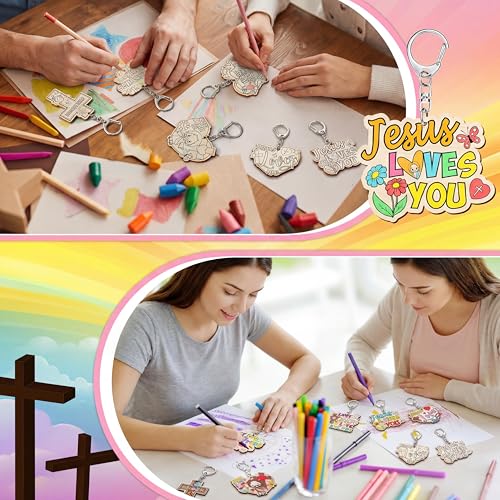 Trnayi 36 Pcs Wood Jesus Loves Me Keychain Color Your Own DIY Craft - style: Jesus Loves Me