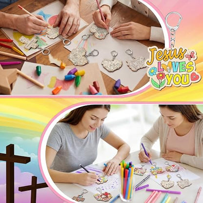 Trnayi 36 Pcs Wood Jesus Loves Me Keychain Color Your Own DIY Craft - style: Jesus Loves Me
