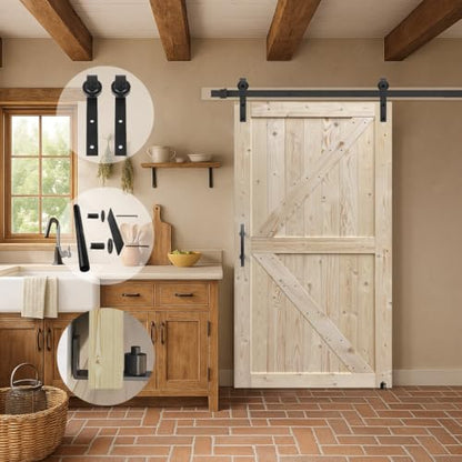 S&Z TOPHAND® 32in x 84in Unfinished British Brace Knotty Barn Door with Sliding Hardware Kit/Solid Wood/Sliding Door/Double Surfaces/A Simple Assembly is Required - size: 32x84in
