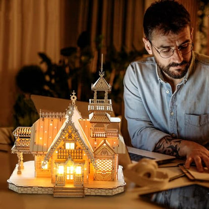 3D Wooden Puzzles for Adults, Country Villa Model Building Kit w/Light