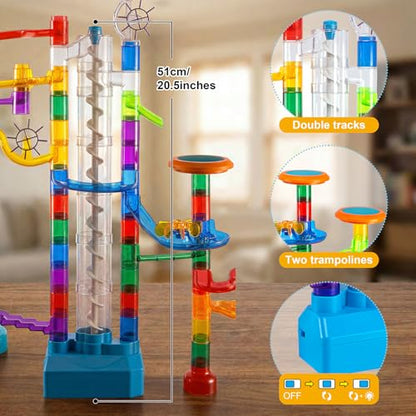 152pcs Glowing Marble Run Kit with Double Tracks Motorized Spiral Lift,2 Stunt Trampolines,30 Glow in The Dark Plastic Marbles & More. Building Project Toys, STEM Gifts for Boys&Girls.