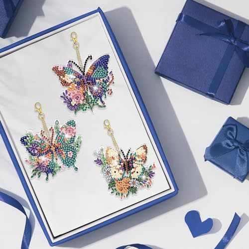 YUE ZHE 6PCS Butterfly Diamond Art Kits for Adults Double Sided Diamond Art Keychains Butterfly DIY 5D Painting Keychains Kits for Adults Beginners DIY Crafts - color: Butterfly style