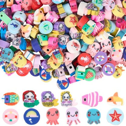 1 Box 4 Styles 320Pcs Summer Polymer Clay Beads Ocean Clay Beads Bulk Loose Large Sea Animals Fish Octopus Mermaids Cartoon Spacers for Jewelry Making Findings Bracelet Necklace Hair Clip