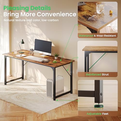 Huuger Computer Desk, 55 Inch Home Office Desk, Gaming Writing Work from Home Study Desk, Large Legroom, Sturdy Metal Frame, Modern Simple, Rustic Brown - color: Rustic Brown, size: 54inch