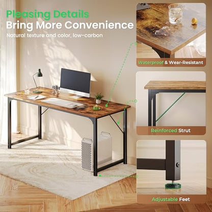 Huuger Computer Desk, 55 Inch Home Office Desk, Gaming Writing Work from Home Study Desk, Large Legroom, Sturdy Metal Frame, Modern Simple, Rustic Brown - color: Rustic Brown, size: 54inch