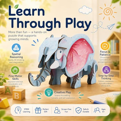 MierEdu Build 'N' Sound 3D Puzzle for Kids, Animal Puzzle with Sound Module, Educational STEM Craft Kit, FSC Paper Model Building Toy Gift for Ages 6+ - color: African Elephant