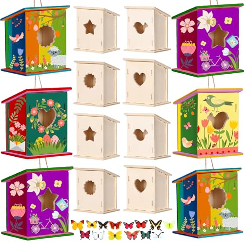 Outus 24 Pcs Wooden Birdhouse Kits for Kids, 4 Shapes Unfinished, Classic