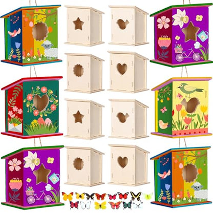 Outus 24 Pcs Wooden Birdhouse Kits for Kids, 4 Shapes Unfinished, Classic