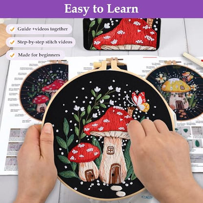 Uniartfy 3 Sets Embroidery Kit for Adults Beginners, Needlepoint Kits Cross Stitch, Hand Embroidery Starter Kit with Mushroom Stamped Patterns, Hoop, Tools, Colorful Threads with Needles, Instructions - color: Embroidery Kit-L