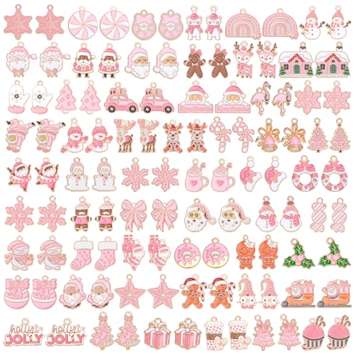 SANNIX 110Pcs/55 Pairs Pink Christmas Charm for Jewelry Making Bulk, Cute - style: Pink Christmas Charms