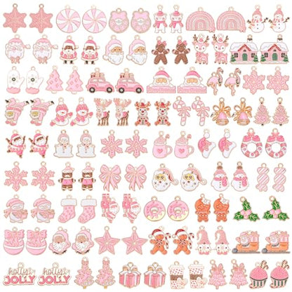 SANNIX 110Pcs/55 Pairs Pink Christmas Charm for Jewelry Making Bulk, Cute - style: Pink Christmas Charms