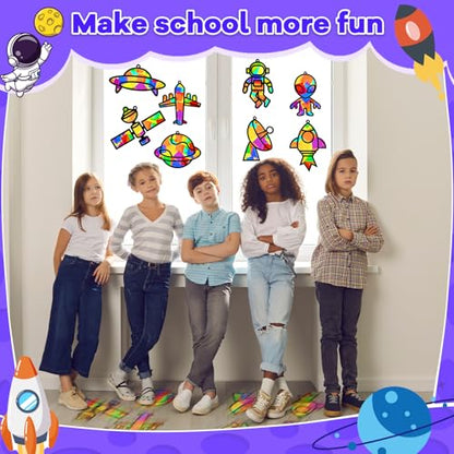 32 Sets Outer Space Suncatchers Craft Kit DIY Window Stained Glass Effect Planet Astronaut Alien Paper Crafts Home School Classroom Decoration Kid Birthday Gift Creative Art Project Activity Game - style: Outer Space