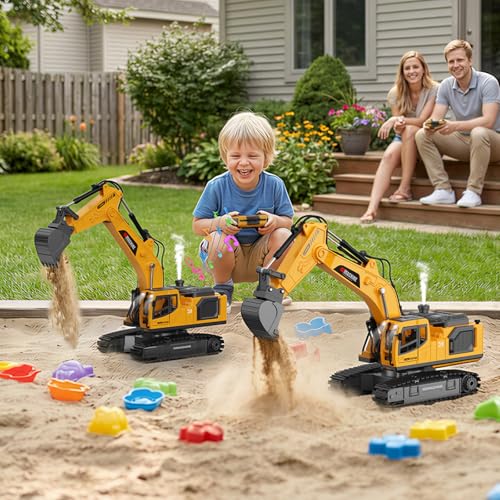 Remote Control Excavator Toy for Boys, 2.4GHz RC Excavator Toys with Metal Bucket, 12-Channel Construction Vehicle with Mist/Lights/Sound, 2x1200mAh Batteries, STEM Birthday Gift for Kids 8-12 - size: 13.4*4.5*6.9IN