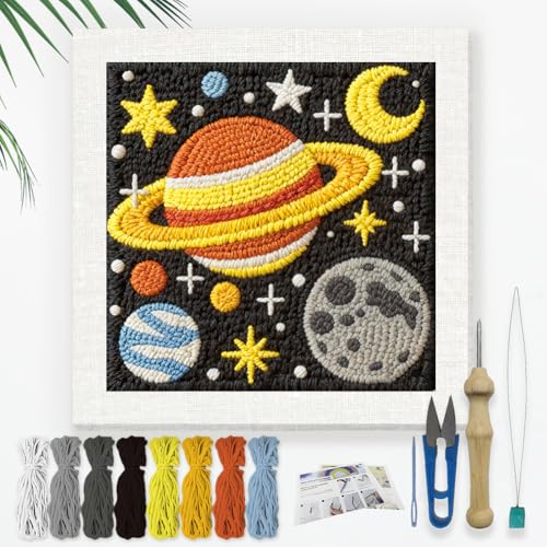 Doodlream Universe Planet DIY Punch Needle Embroidery Kit for Adult Beginner, 9.4" Planet Star Punch Stitching Craft Set for Starter with Frame,Fabric Pattern,Threader, Yarn, Pinch Needle - color: Universe Planet