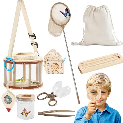 Wooden Bug Catcher Kit for Kids Ages 3-8, 11PCS Outdoor Nature Explorer Kit with Bug Habitat, STEM Educational Guide, Butterfly Net & Magnifying Glass, Montessori Catching Toy & Camping Gift