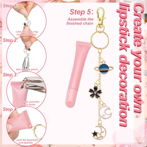 VioraWhite 213 Pcs Keychain Making Kit Bag Charm Kit Stylish Lip Gloss Keychain Making 100 Pink Enamel Charms 32.81 ft Gold Chains for DIY Crafts Women - style: Stylish