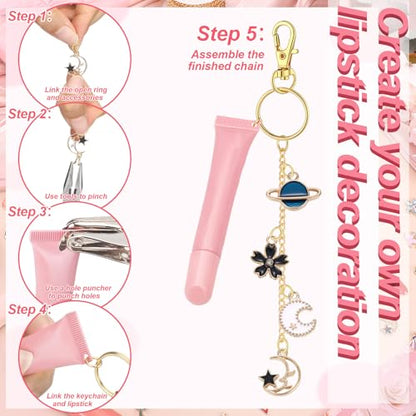 VioraWhite 213 Pcs Keychain Making Kit Bag Charm Kit Stylish Lip Gloss Keychain Making 100 Pink Enamel Charms 32.81 ft Gold Chains for DIY Crafts Women - style: Stylish