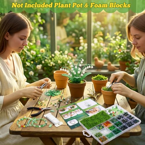 FOGWOWO 2628 Pcs Beaded Plant Kit,Glass Green Beads for Beaded Plants - color: Green C (No Pot & Foam)