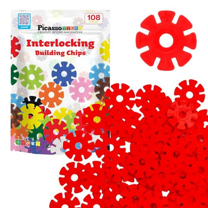 PicassoTiles Building Chips Interlocking Disc Construction Blocks in Red Color STEM Learning Early Education Toy Engineering Playset Child Brain Development for Toddlers Girls Boys Kids Age 3+ PTF108 - color: Red