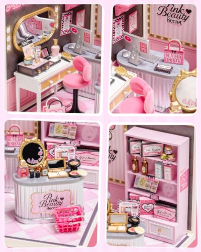 Rolife Super Creator Pink Beauty Secret DIY Miniature House Kit - No Glue Plastic Click-Assembly Dollhouse with Type-C LED Light - Stackable Room Box Toy for Adults and Teens (115 PCS)