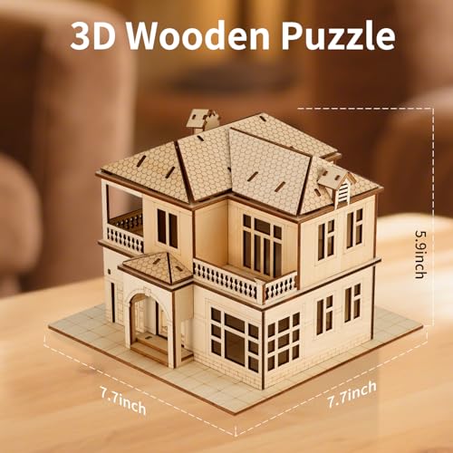 3D Wooden Puzzle for Adults, DIY Miniature Villa House Building Two Layer - color: Villa House Wood Color 04