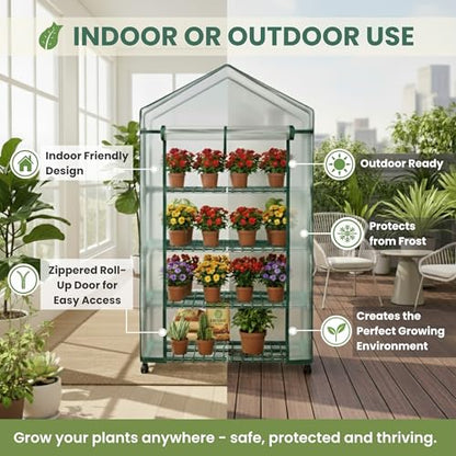 4 Tier Mini Greenhouse - Portable Greenhouse with Locking Wheels and PVC Cover for Indoor or Outdoor Green House by Pure Garden - size: 4 Tier