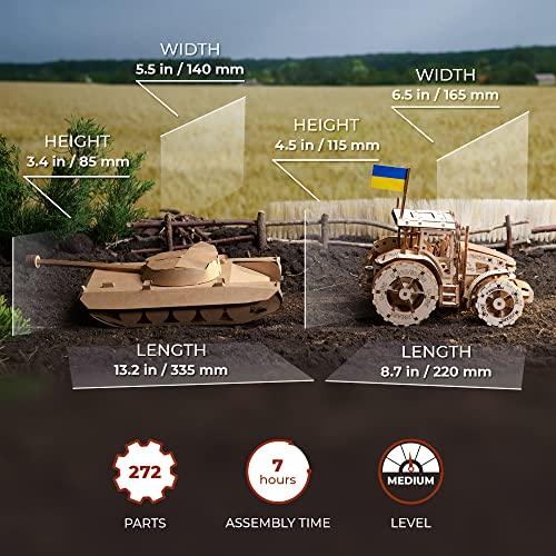 UGEARS The Tractor Wins Model Kits - Spring - Driven Model Tractor Kits to Build with Folding Paper Tank - 3D Wooden Tractor Model Kit for Self - Assembly - Mechanical 3D Puzzles for Adults and Kids
