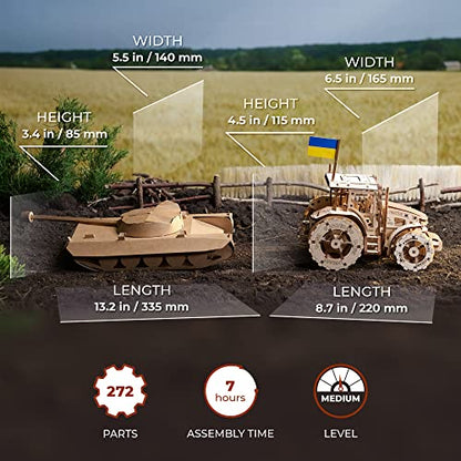 UGEARS The Tractor Wins Model Kits - Spring - Driven Model Tractor Kits to Build with Folding Paper Tank - 3D Wooden Tractor Model Kit for Self - Assembly - Mechanical 3D Puzzles for Adults and Kids