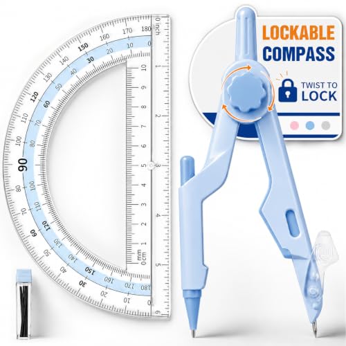 Sooez Lockable Compass and Protractor Set, Metal Compass Drawing Tool - color: Blue