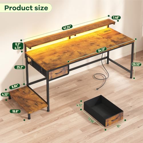 DurayLoly 47.2" Office Desk with Power Outlet & Monitor Stand,Rustic Brown - color: Rustic Brown, size: 47.2 IN