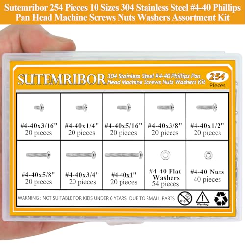 254 Pieces #4-40 x 3/16", 1/4", 5/16", 3/8", 1/2", 5/8", 3/4", 1", Phillips Pan Head Machine Screws Nuts Washers Assortment Kit - size: #4-40, style: Phillips Pan Head