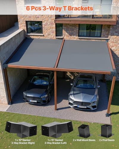 VEVOR Pergola Kit, 4x4 Inch 3-Way Slanted Brackets for 3.5x3.5 Inch Wood Beams in Actual Size, 2-Pack Pergola Brackets with 2 Post Bases and 2 Wall Mount Bases, for Outdoor Pergolas, Gazebos, Sheds - size: 2PC 15°3-Way+4PC Base Post 4*4 SET
