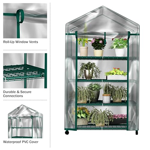 4 Tier Mini Greenhouse - Portable Greenhouse with Locking Wheels and PVC Cover for Indoor or Outdoor Green House by Pure Garden - size: 4 Tier