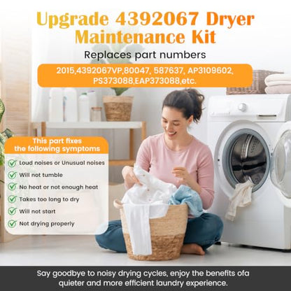 4392067 Dryer Repair Kit with W10837240 Dryer Idler Pulley, Fit for whirlpool Cabrio maytag Bravos XL kenmore Dryer, Includes WPW10314173 Drum Roller, 661570V Belt, 279640 Idler Pulley