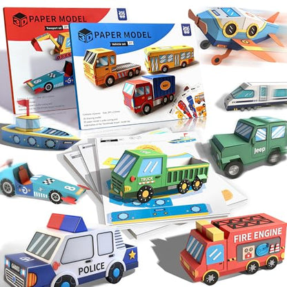 2 Themes in 1, 3D Paper Model Kits for Kid, DIY Origami Kit for Kids Ages 8-12, Include 16 Pre-cut, Easy-to-Assemble Transport & Vehicle Models, Origami Kit for Kids Ages 8-12，Paper Model Kits for Kid