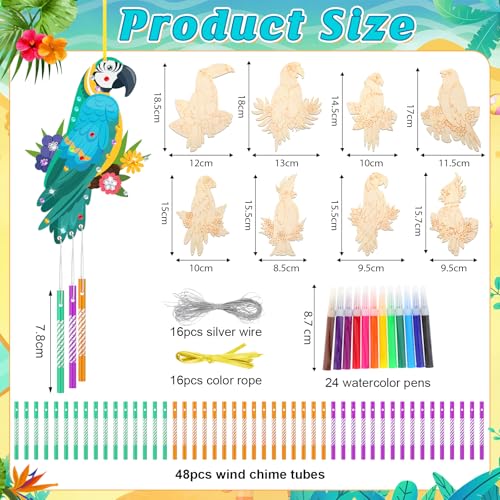Amyhill 16 Pack Bird Wind Chimes Craft Kit, DIY Painting Wooden Art, Gifts - style: Parrot Bird