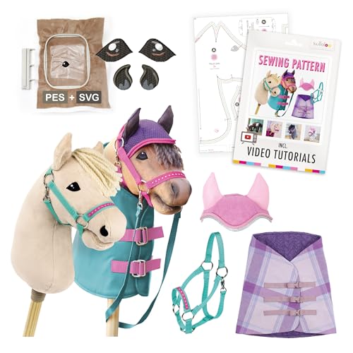 kullaloo Hobby Horse Sewing Pattern & Accessories – Make a Stick Horse with Ear Bonnet, Blanket & Halter | Paper Pattern with QR Video Tutorials, PES & SVG Files | Designed in Canada - color: Hobby Horse "HOPE" with Accessories