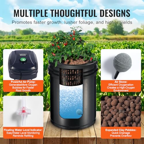 VEVOR RDWC Hydroponics Grow System, Hydroponic Growing Kit with Top Drip, Recirculating Deep Water Culture 4 Buckles and 1 Reservoir, with Air Pump and Water Level Device for Leafy Vegetables - style: 4 Buckets+1 Reservoir