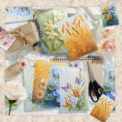 Humyoun 60 Sheets Scrapbook Paper Aesthetic Textured Fade Paper 3D Embossed Flower Plant Scrapbooking Supplies Decorative Bloom Floral Embossing Pad for Decoupage DIY Card Making Junk Journal