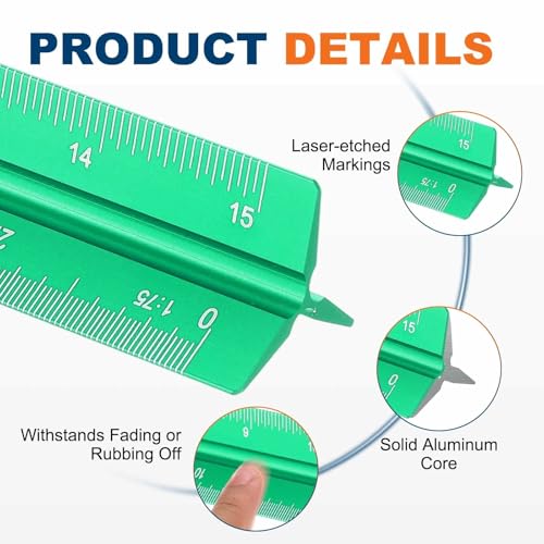 HARFINGTON Architectural Scale Ruler 12" Metric Aluminum Alloy Green | Small Scale, Architect Triangular, Laser-Etched Blueprint, Drafting Ruler, for Architects Engineers - color: Green, size: 12 Inch