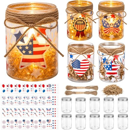 24 Sets 4th of July DIY Craft Kits Patriotic Plastic Mason Jar Making Craft Gifts Bulk American Flag Table Centerpieces 250th Independence Day Decoration for Anniversary Classroom Activities - style: Flag